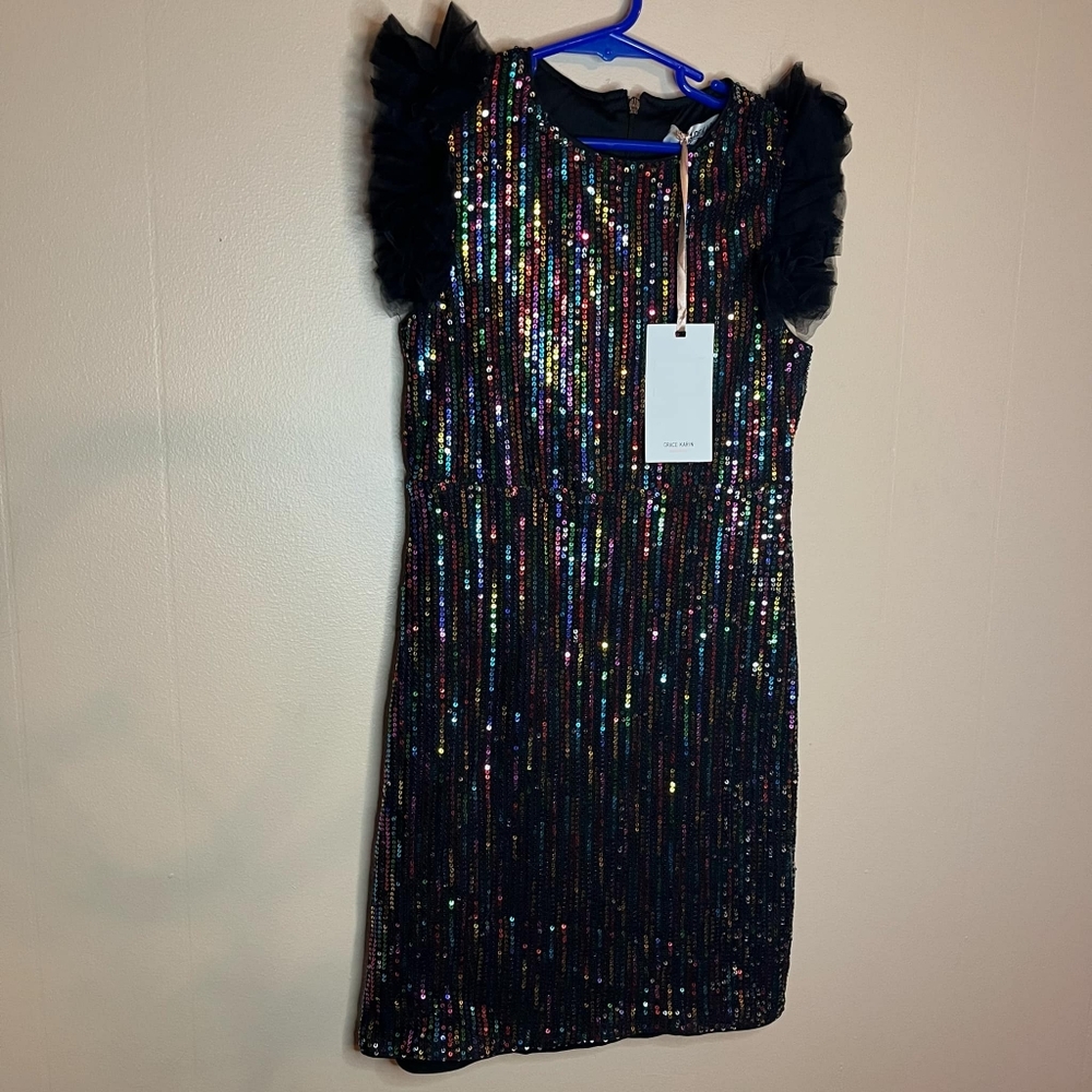 Grace Karin Girls Sequin Dress Short Flutter Sleeve Black Rainbow Midi